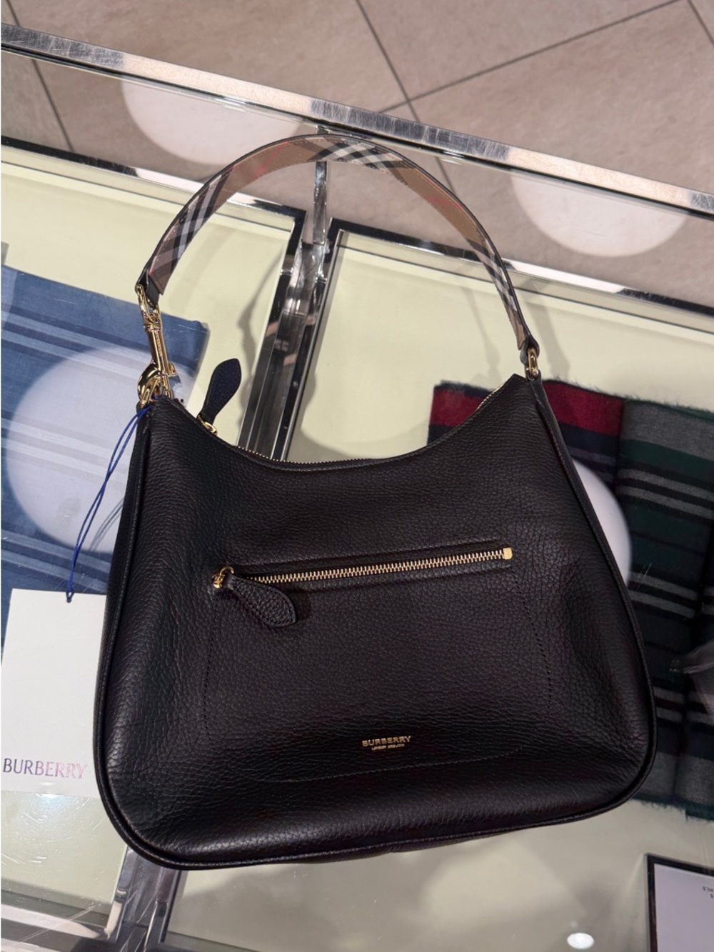 Burberry Black Pebbled Leather with Check Shoulder/hobo bag New - Picture 3 of 9